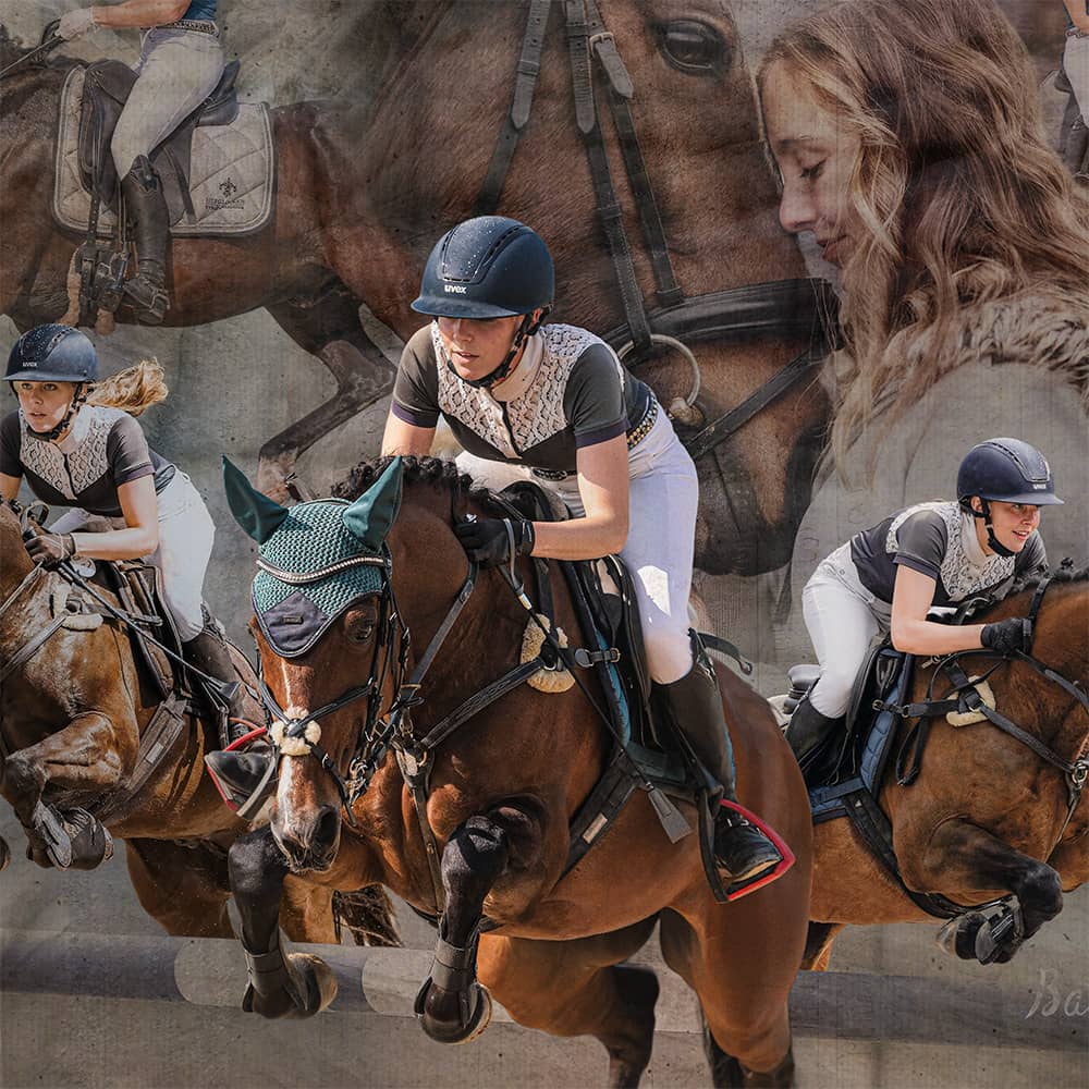 Individuelle Collage aus Springreitfotos und einem Portrait mit Pferd